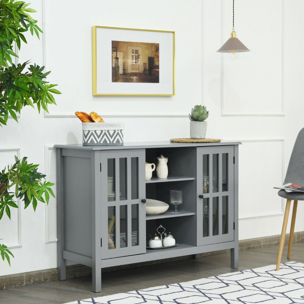 Wooden TV Stand Cabinet with Doors and Storage Shelves